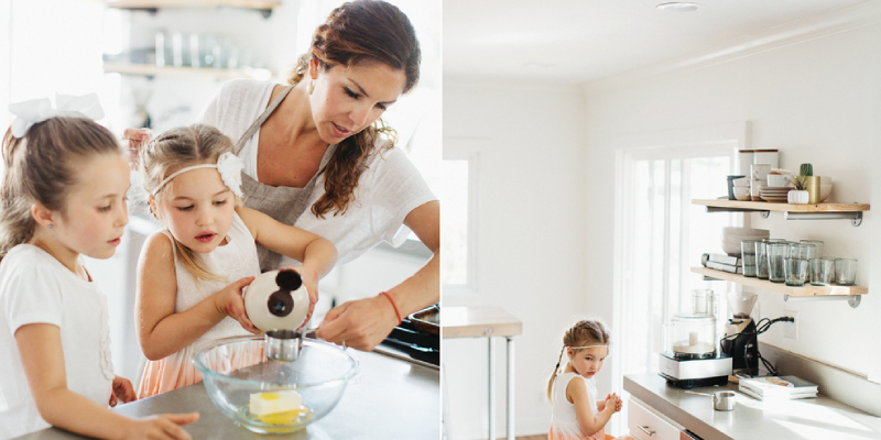 Mother Helping Her Kids To Make The Food In Kitchen.